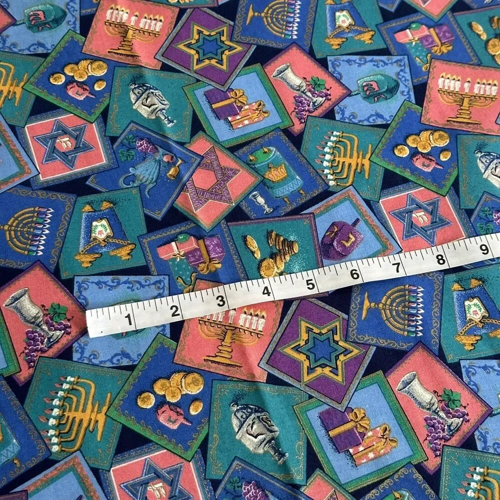 Hanukkah Menorah Jewish Holiday Cotton Quilting Fabric Remnants X2